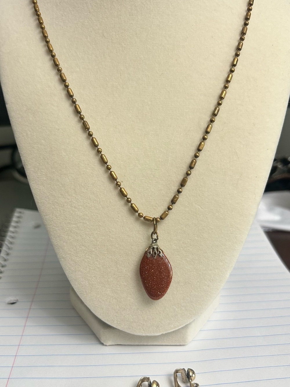 Vintage goldstone Necklace with Rust Goldstone Pendant and clip-on Earrings